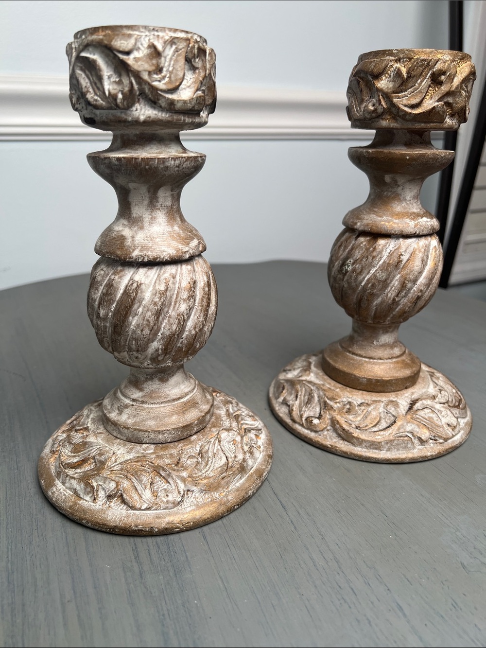 Vintage 1994 wooden Gold/Silver distressed Decorative Candle Holders - Montaage